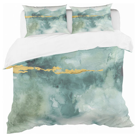 Blue Watercolor Impression With Gold Duvet Cover Set, Twin