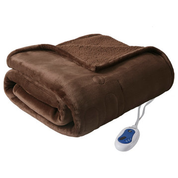 Beautyrest Microlight And Berber Solid Heated Throw, Brown