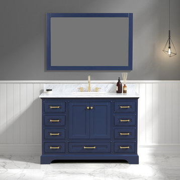 Bath Vanity, Marble Top, Blue, 48'' With Sink, Mirror