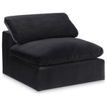 Meridian Furniture - Comfy Beige Linen Textured Fabric Modular Chair, Black, Velvet, Armless Chair - Give your space a whole new look with this black Comfy velvet armless chair. This handsome chair fits nicely with other items in the Comfy collection and is a versatile seating option designed for adaptability, comfort and style. Wrapped in rich black durable velvet upholstery, this chair offers a plush embrace of overstuffed down feather cushions, carefully crafted to deliver the highest level of comfort. The perfect seat for creating an oasis for relaxation, this chair has thick foam surrounding its frame for added support and coziness.