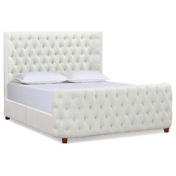 Brooklyn Tufted Wingback Shelter Headboard and Footboard Panel Bed, Antique White Polyester, Queen