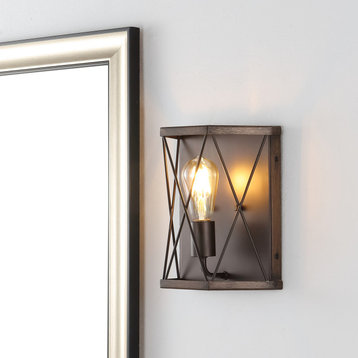 Liam 8.25" 1-Light Rustic Farmhouse Iron Sconce, Wood Finished/Oil Rubbed Bronze