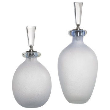 Bowery Hill 2 Piece Bubble Glass Bottle Set in Pale Blue and Nickel