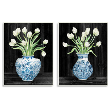 White Tulips Chinese Ceramic Urn Patterned Porcelain, 2pc, each 13 x 19