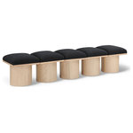 Meridian Furniture - Pavilion Black Boucle Fabric Bench, Black, Natural Finish, 77.5" W X 18" D X 17.5" H - Bring valuable seating and remarkable style to your space with this black Pavilion boucle fabric bench, an exquisite balance of style and usability for the entryway, bedroom, and beyond. Crafted from oak veneer with a natural finish, this bench has a 4-inch-thick seat cushion that's channel-tufted for a touch of luxury. The bench's columnar bases add a dash of art deco design, making it a captivating focal point in any room.