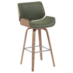 Armen Living - Tyler Swivel Bar Stool With White Washed and Vintage Green - Bring a touch of Mid-Century charm and functional elegance to your home with the Tyler Swivel Counter and Bar Stool Collection. With its contoured wrap-around backrest, gently flared silhouette, and comfortably cushioned seat, Tyler delivers an elevated seating experience ideal for kitchen islands, peninsulas, and home bars. The modern, sculpted form supports your back while offering a soft, ergonomic curve that enhances posture and visual flow. Engineered for versatility, the Tyler stool features a smooth 360-degree swivel mechanism, allowing you to stay engaged and mobile during conversations or meals. The generously padded seat and back are upholstered in performance faux leather, offering the luxurious feel of leather with everyday durability and easy cleaning. The collection includes several rich upholstery choices, such as vintage green, vintage brown, black, gray, and cream, carefully paired with frame finishes like walnut, black brushed, and white wash to suit a variety of interior aesthetics. The base is crafted with a strong bentwood frame and a chrome-finished steel footrest, combining retro character with strength and stability. Available in counter height and bar height to fit your layout, the Tyler collection makes it easy to style any gathering space with comfort, swivel functionality, and timeless flair.