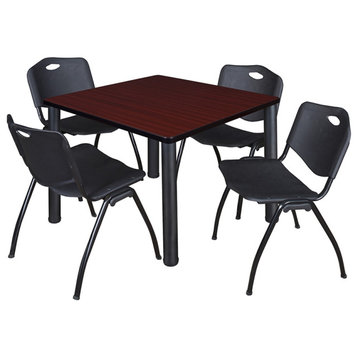 Kee 36" Square Breakroom Table- Mahogany/ Black & 4 'M' Stack Chairs- Black