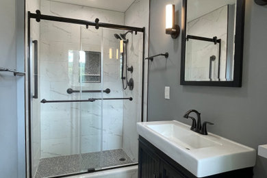 Mid-sized minimalist kids' white tile and ceramic tile porcelain tile, gray floor and single-sink bathroom photo in Newark with brown cabinets, a console sink, white countertops and a niche