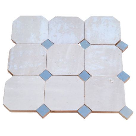 Contemporary Zellige Tile, Off-White With Blue, 8-Panels 12x12"