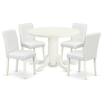 5-Piece Rounded 42" Dining Table, Four Parson Chair, Pu Leather Color White