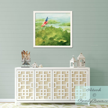 Shabby Chic Cottage Foyer with Framed American Flag Art