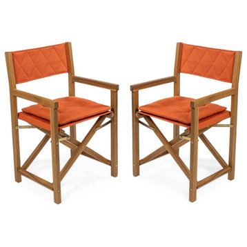 2 Pack Patio Folding Director Chair, Acacia Frame & Diamond Quilted Back, Orange