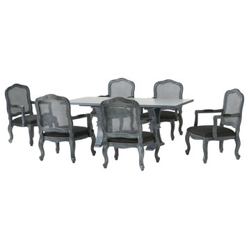 Biorn French Country Wood and Cane 7-Piece Expandable Dining Set, Black/Gray