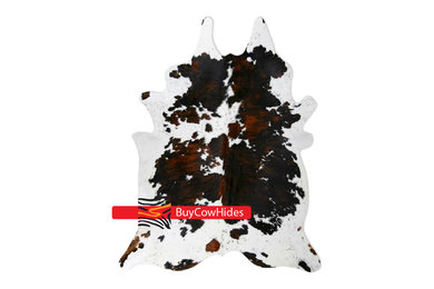 BRAZILIAN COW HIDE RUG - LARGE - BLACK AND WHITE REDISH TRICOLOR