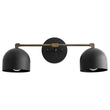Black Deep Ball Shade, Two Bulb Vanity Light Fixture, Black/Antique Brass
