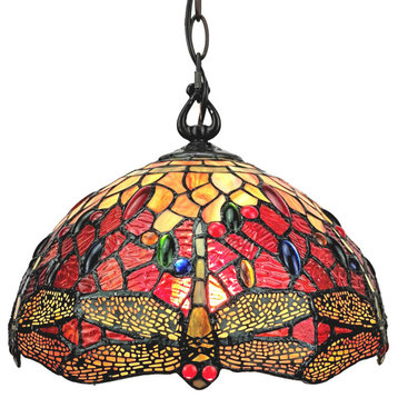Tiffany Style 2 Light Dragonfly Pendant Lamp 14" Wide