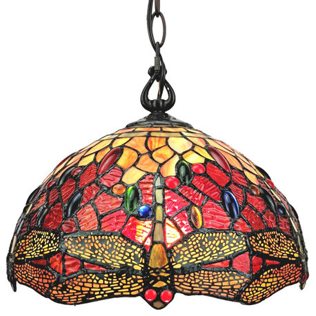 Tiffany Style 2 Light Dragonfly Pendant Lamp 14" Wide