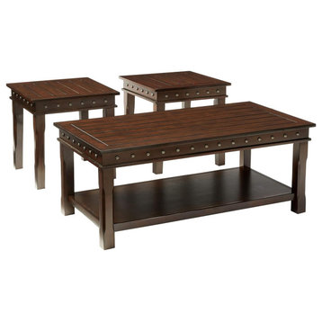 3 Pieces Coffee Table Set, Plank Top With Metal Nail Head Trim Accents, Walnut