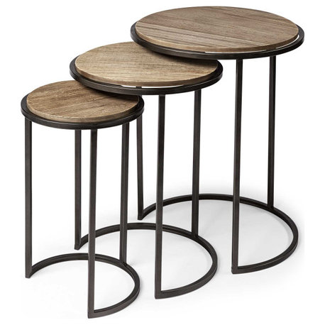 HomeRoots Set of 3 Brown Wood Round Top Accent Tables With Iron Nesting