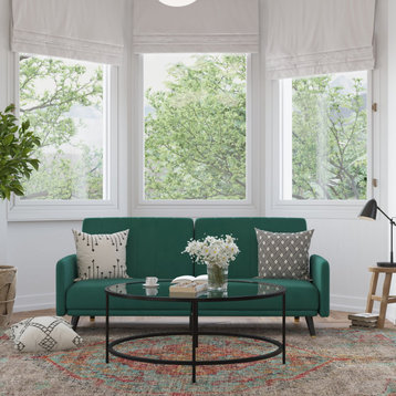 Retro Modern Futon Sofa, Velvet Fabric Seat & Channel Tufted Split Back, Emerald