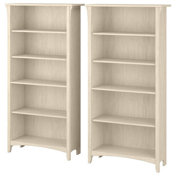 Set of 2 Bookcase, Tapered Legs With 5 Shelves and Wooden Accents, Antique White
