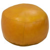Solid Handmade Leather Pouf (Recycled Foam with Fibre Fill), Mustard, [Round) 21x21x12