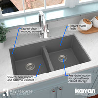 Karran 32" Undermount Double Bowl 50/50 Quartz Kitchen Sink Kit, Grey