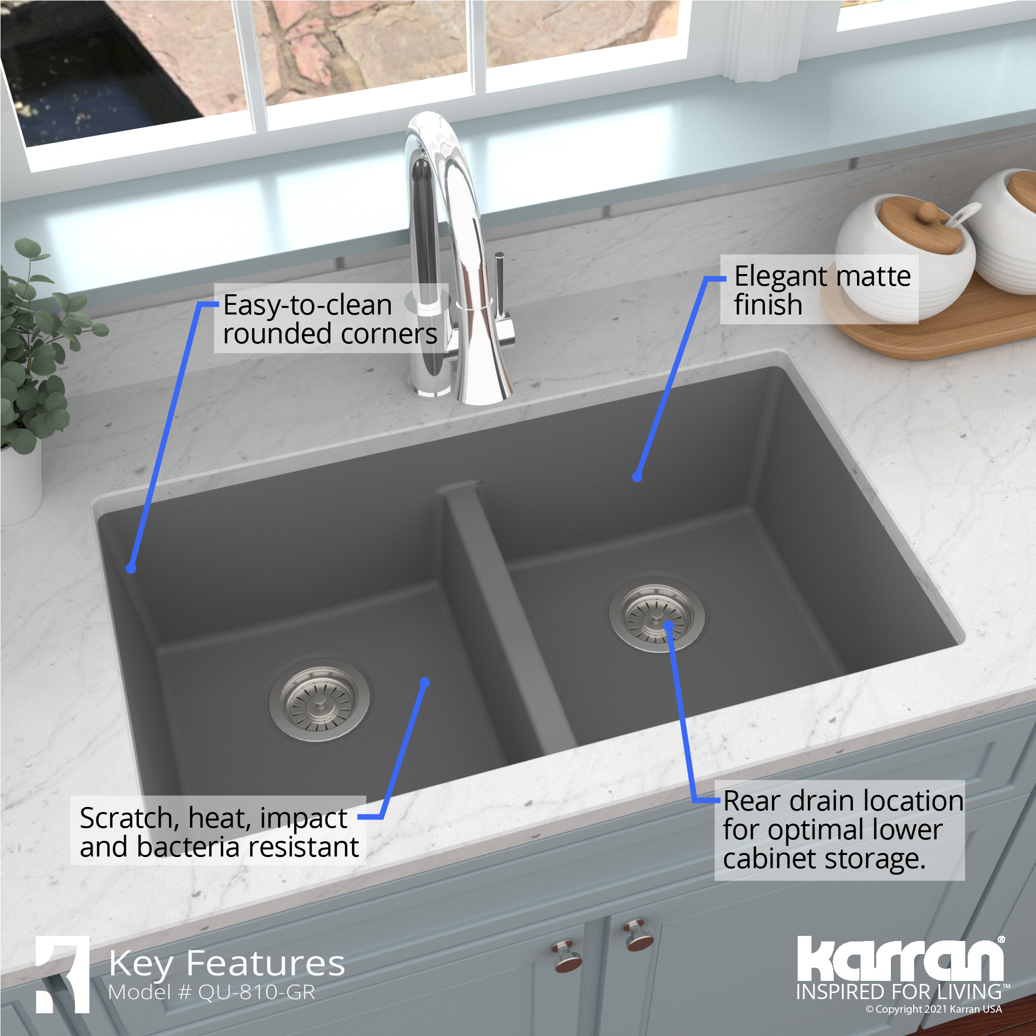 Karran 32" Undermount Double Bowl 50/50 Quartz Kitchen Sink Kit, Grey