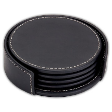 A1245 Rustic Black Leather Coaster Set With Holder