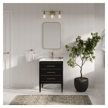 Celios Bathroom Vanity, Single Sink, 24", Black with Brass Trim, Freestanding