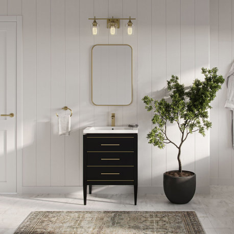 Grace Bathroom Vanity, Black With Brass Trim, 24", Single Sink, Freestanding