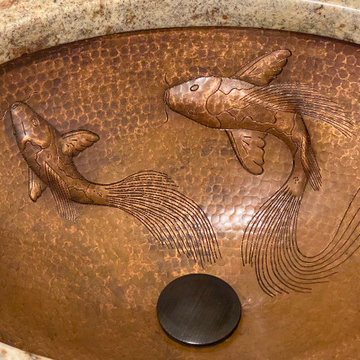19" Oval Under Counter Hammered Copper Bathroom Sink with Koi Fish Design (LO19F