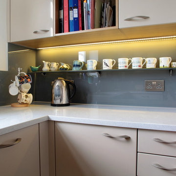 Contemporary high gloss cashmere kitchen with open shelving