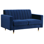 Meridian Furniture - Lola Velvet Upholstered Loveseat, Navy - Cozy up to the comfort of this Lola Navy Velvet Loveseat. Its rich color adds a jolt of excitement and fun to your space, shaking things up in a neutral-colored room. The back is channel tufted for a beautiful, contemporary look and to help the back cushioning maintain its welcoming loft. Elegant slant-tipped black legs with gold tips lend this loveseat a charmingly modern finish and provide a sturdy foundation. Add it on its own, or add the matching sofa and chair for a coordinated look.