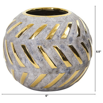 6" Regal Round Stone Vase With Gold Accents