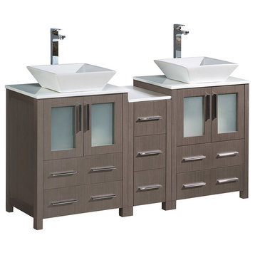 Torino 60" Gray Oak Modern Double Sink Bathroom Cabinets w/ Tops & Vessel Sinks