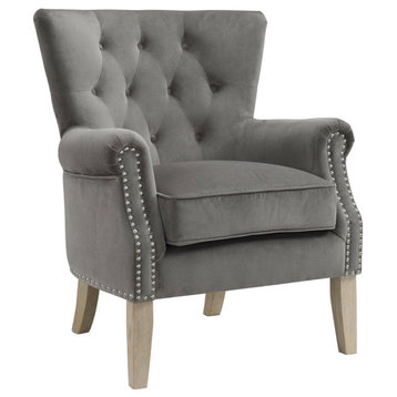 Mid Century Accent Chair, Button Tufted Back & Rolled Arms With Nailhead, Gray