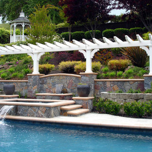 Idéer för en stor klassisk baddamm på baksidan av huset, med betongplatta