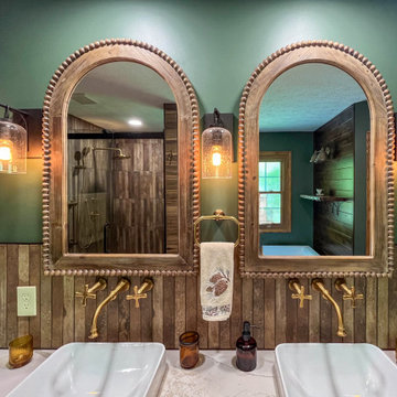 Custom Rustic Bathroom with Knotty Alder Vanity and Cambria Quartz