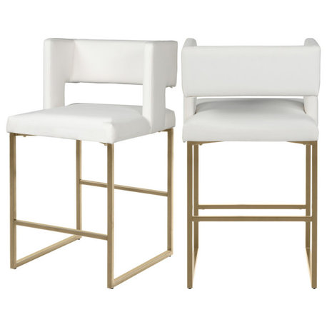 Caleb Upholstered Counter Stool, Set of 2, White, Vegan Leather, Brushed Gold