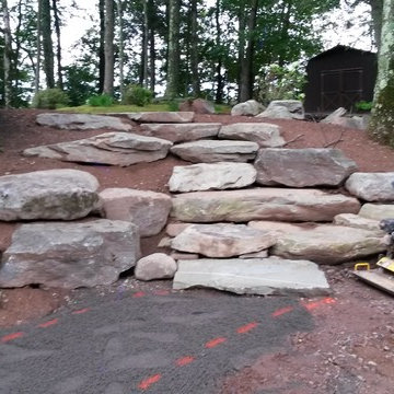 Rural Landscape Design - Fieldstone Wall, Flagstone Path, Boulder Steps