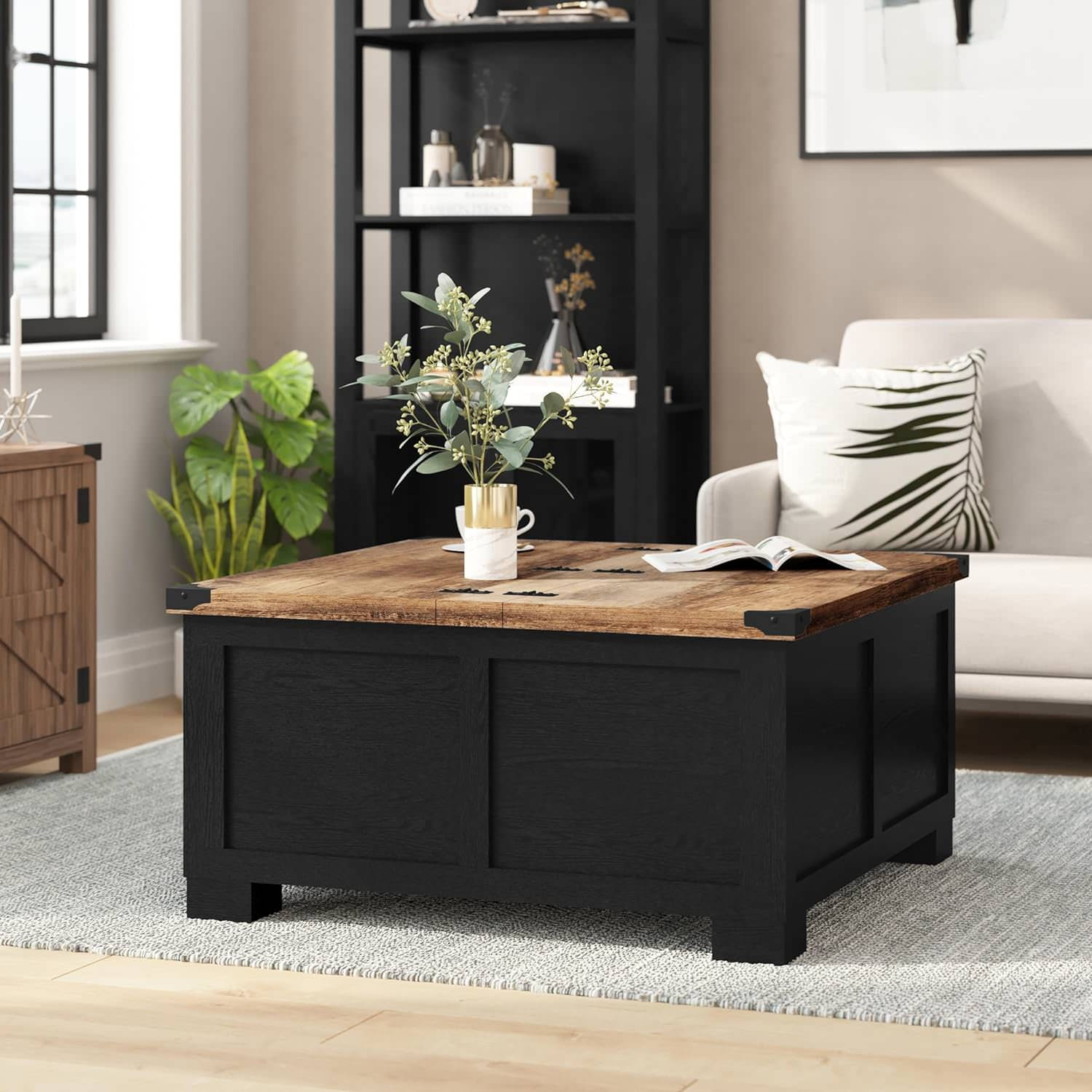 Rustic Coffee Table, Hinged Lift Up Oak Top With Spacious Inner Storage ...
