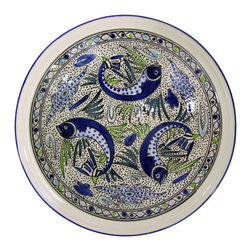 Le Souk Ceramique - Large Stoneware Serving Bowl Aqua Fish Design - Serving And Salad Bowls