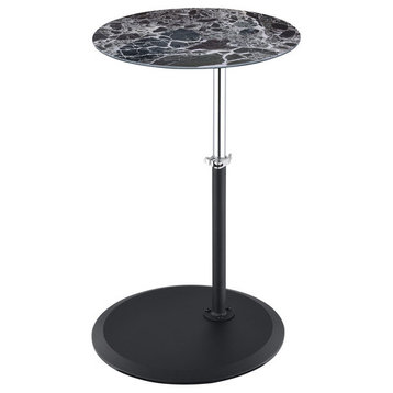 Orbit End Table with Height Adjustable Marble Textured Glass Top, Black Marble