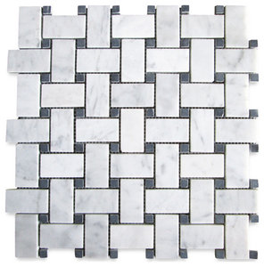 Carrara Venato Marble Basketweave Mosaic Tile Black Dots Honed 1x2, 1 sheet