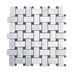 Carrara Venato Marble Basketweave Mosaic Tile Black Dots Honed 1x2, 1 sheet