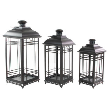 Set of 3 Distressed Black Mission Style Candle Lanterns 19.5"