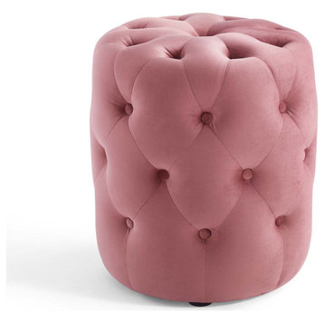 Tufted Accent Chair Ottoman, Round, Velvet, Pink, Modern, Lounge Hospitality
