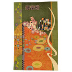 Kashmir Designs - Klimt Modern Green Coral Wool Rug / Wall Tapestry Hand Embroidered, 6ft x 4ft - This modern accent wool Rug is hand embroidered by the finest artisans of Kashmir and design inspired by the works of modern artist, Gustav Klimt. Many of our customers buy these contemporary rugs as a wall art to decorate the walls of their modern homes or to spice up their traditional decor. The expert Kashmiri needlework in this handmade, hand embroidered contemporary rug is of the finest chainstitch, a superlative stitch. The eye-catching design deserves to be seen and experienced. Wherever you place it, it is sure to draw attention. The Kashmir wool makes it soft to the touch, and the texture of the embroidery is a sensory delight. This area rug will make an excellent outdoor or indoor rug and will add fun and festive atmosphere to your home.