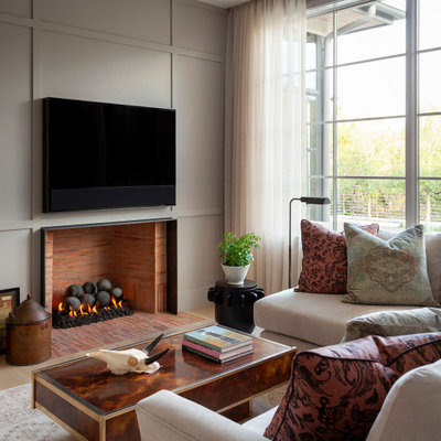 Example of a transitional home theater design in Austin